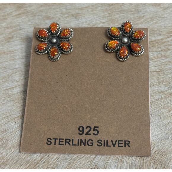 Native American Sterling Silver Orange Opal Flower Cluster Post Stud Earrings - Picture 10 of 13